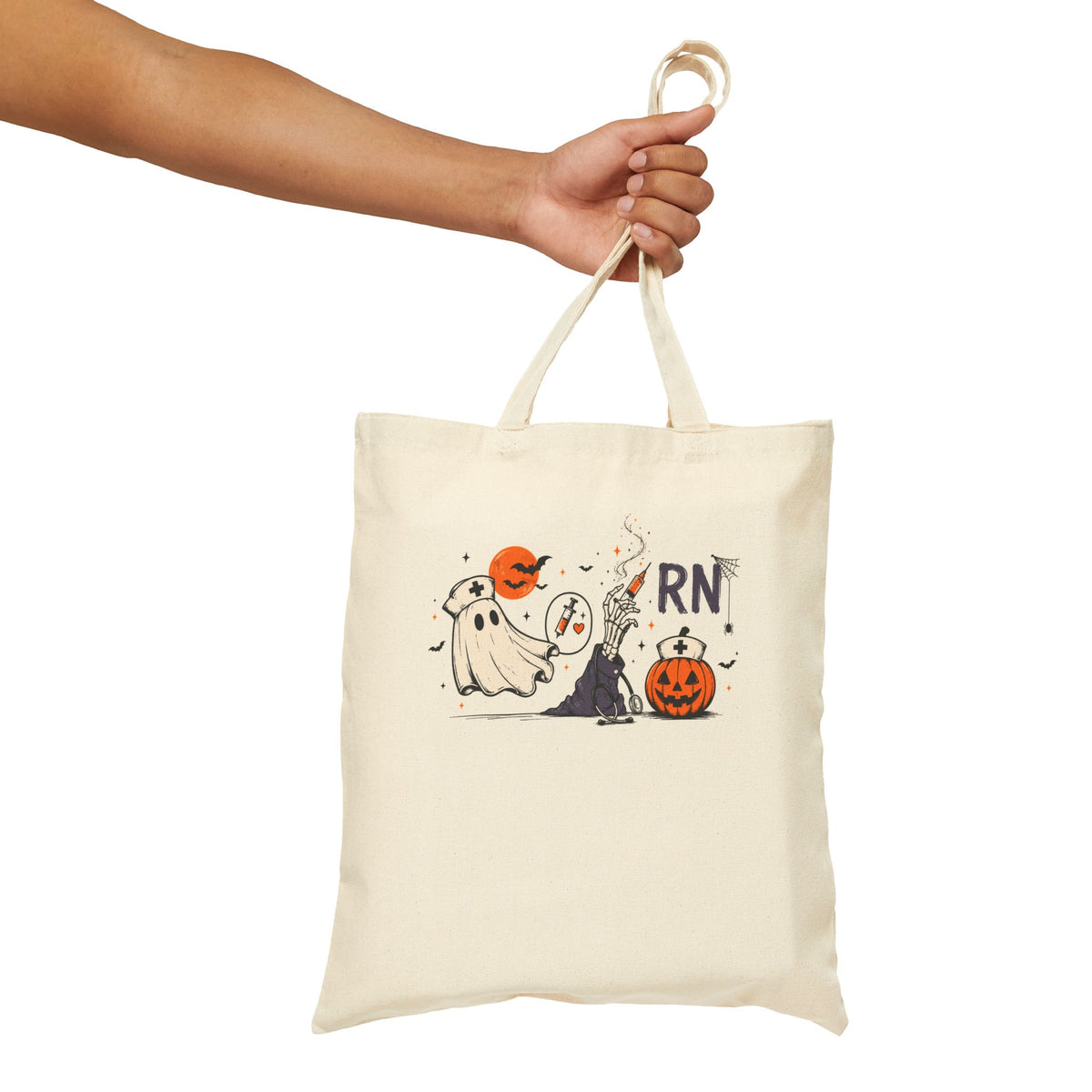 RN Halloween Nurse Tote Bag - Ghost & Pumpkin Canvas Tote