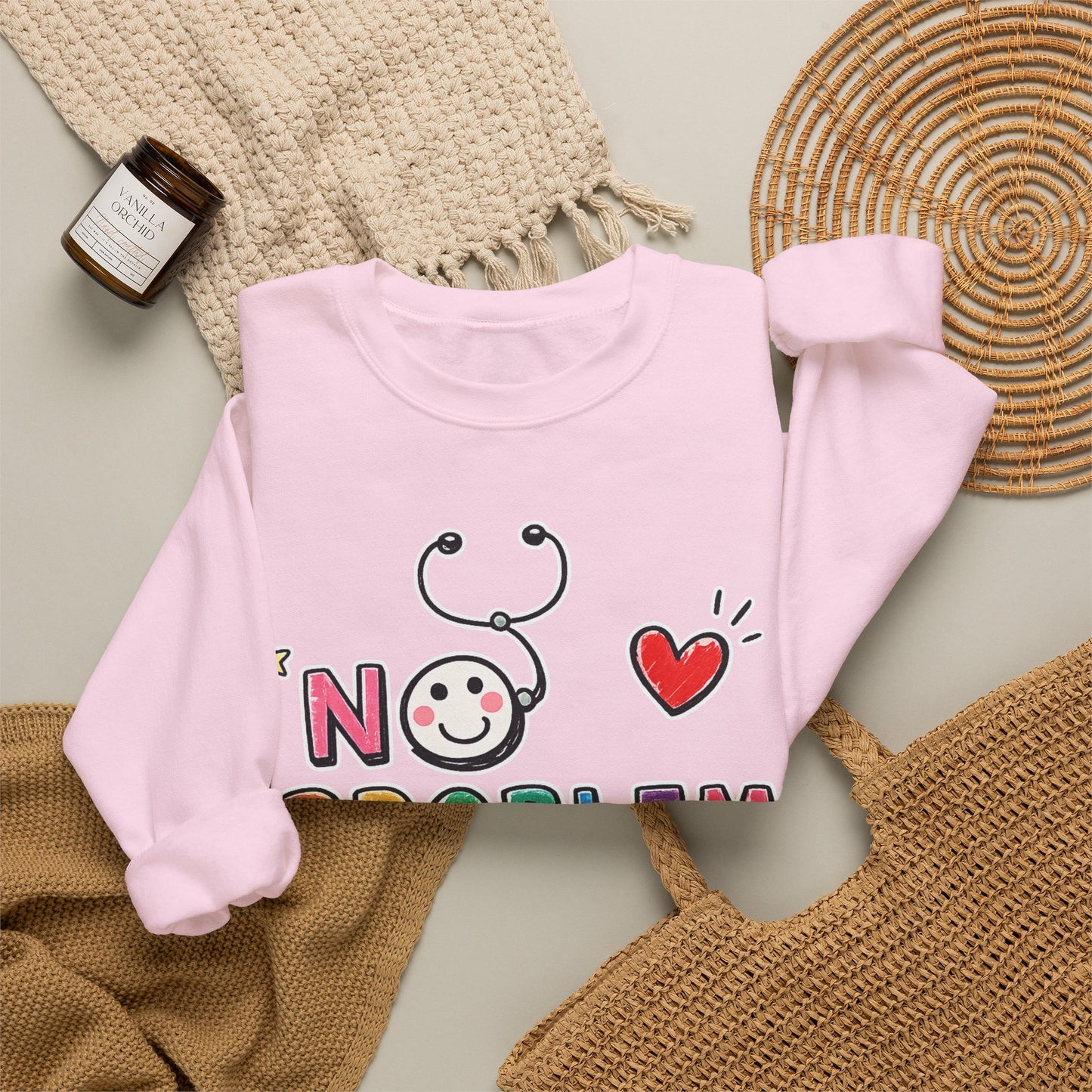No Problem Crewneck Sweatshirt – Cute Nurse Stethoscope & Heart Graphic
