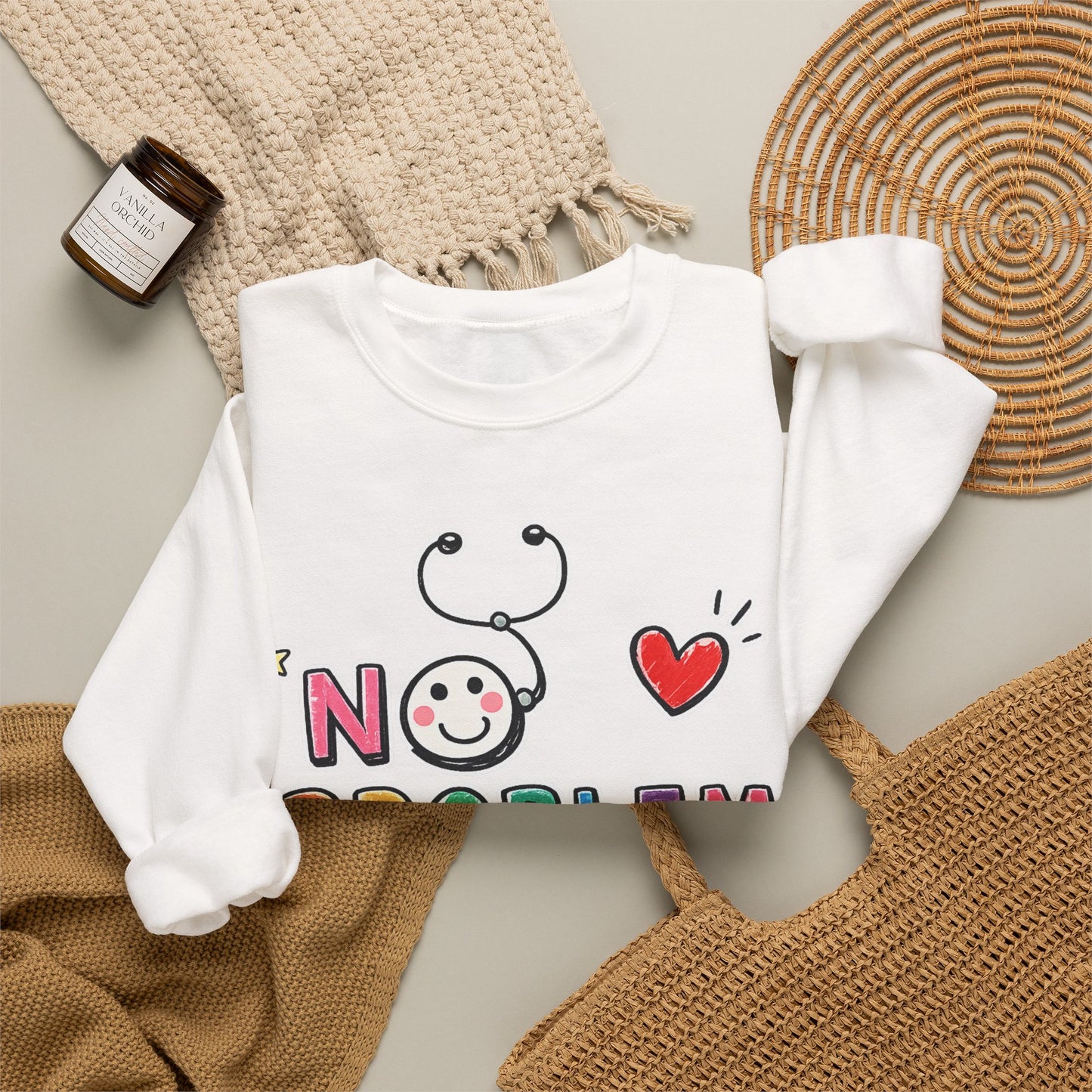 No Problem Crewneck Sweatshirt – Cute Nurse Stethoscope & Heart Graphic