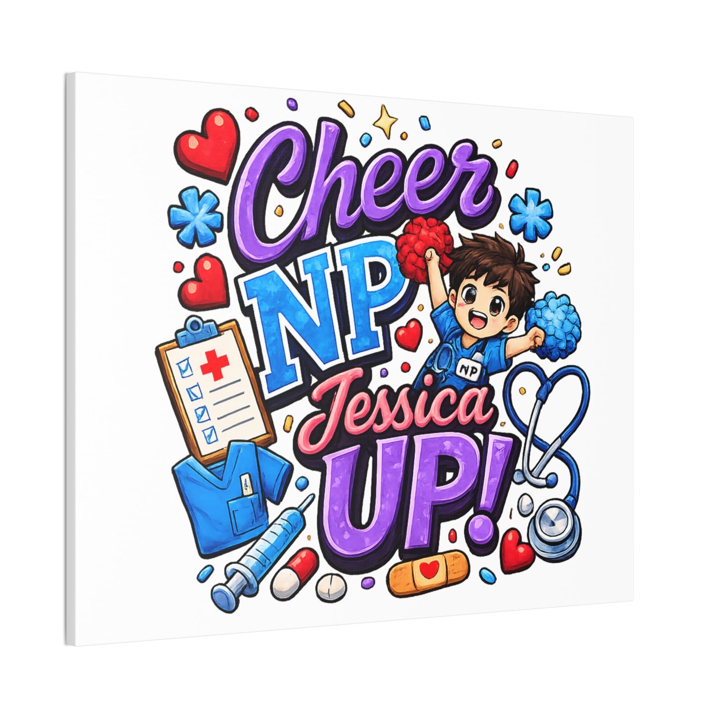 Personalized NP Cheerleader Mascot Canvas Wall Art | Nurse Practitioner Graduation & Appreciation Gift