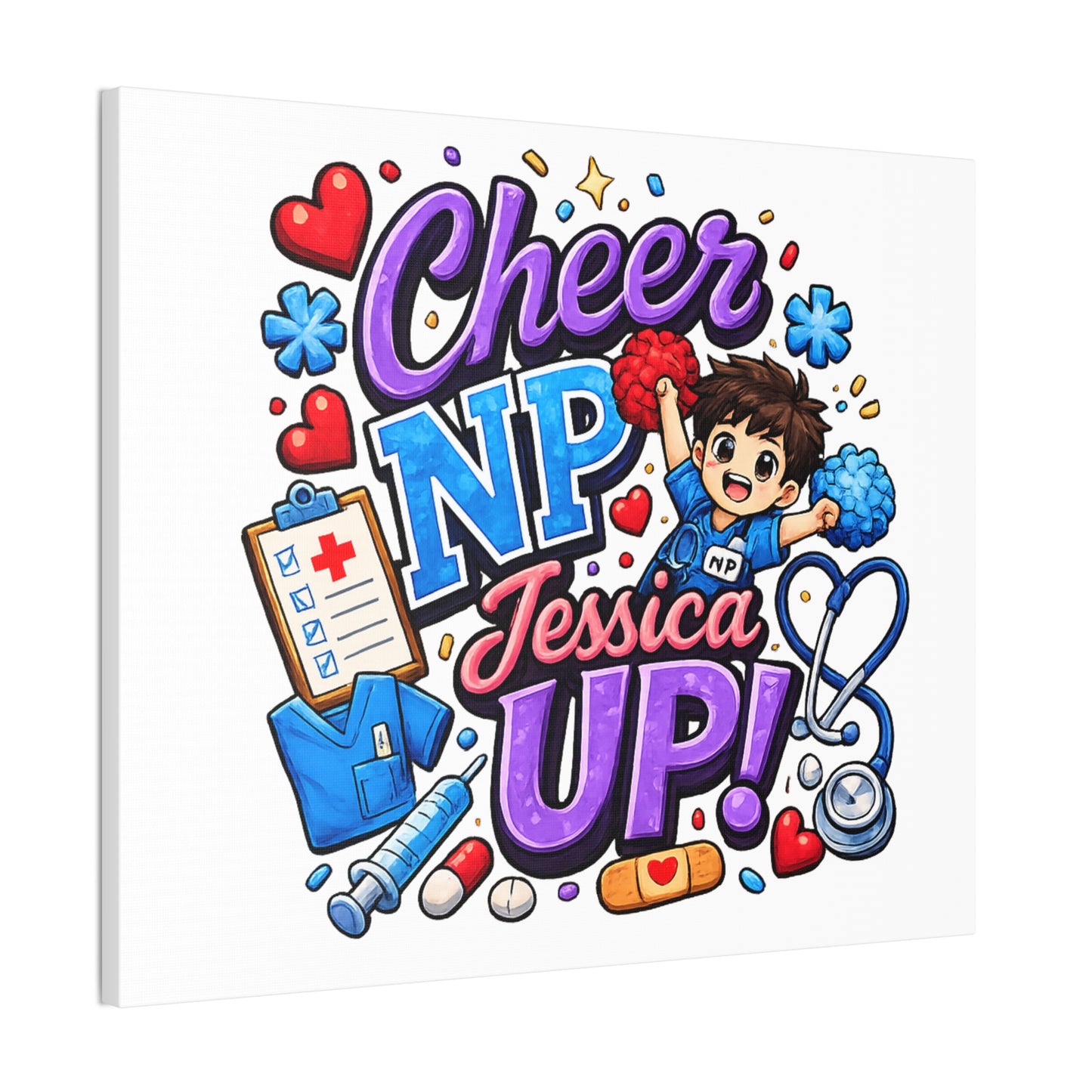 Personalized NP Cheerleader Mascot Canvas Wall Art | Nurse Practitioner Graduation & Appreciation Gift