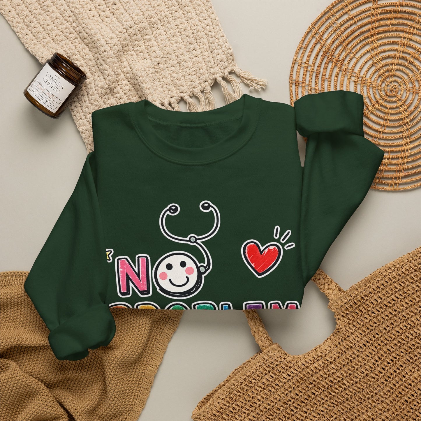 No Problem Crewneck Sweatshirt – Cute Nurse Stethoscope & Heart Graphic