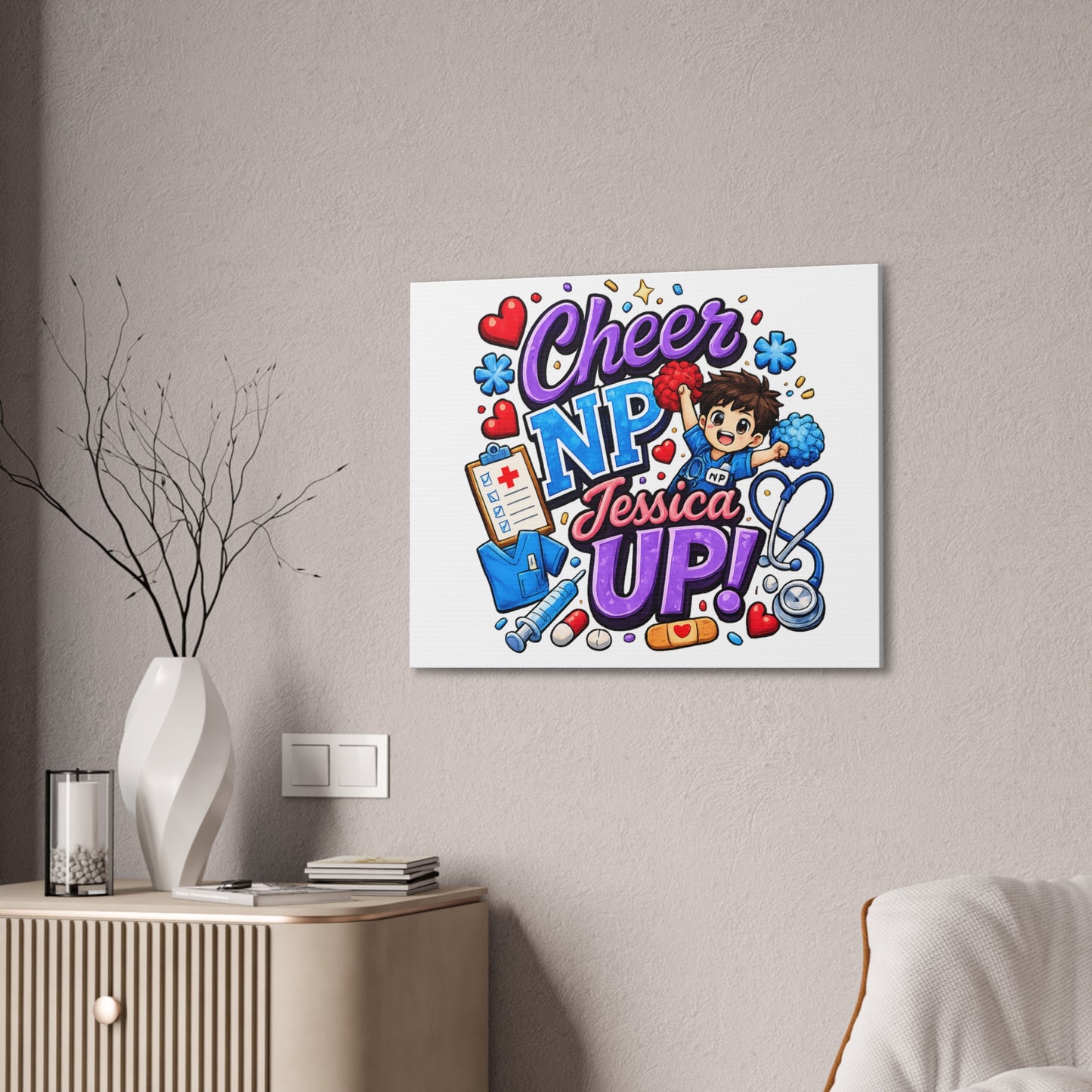 Personalized NP Cheerleader Mascot Canvas Wall Art | Nurse Practitioner Graduation & Appreciation Gift