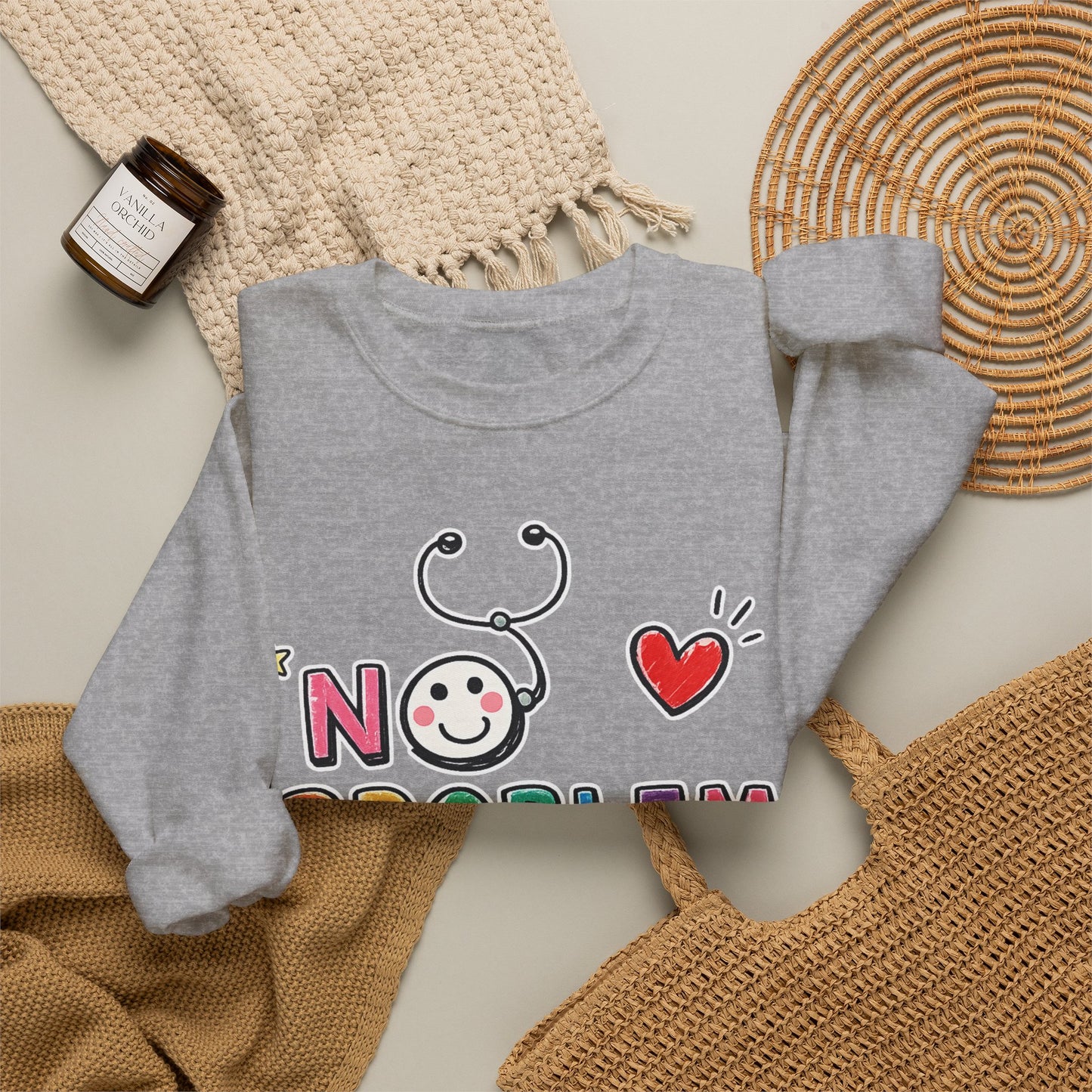No Problem Crewneck Sweatshirt – Cute Nurse Stethoscope & Heart Graphic