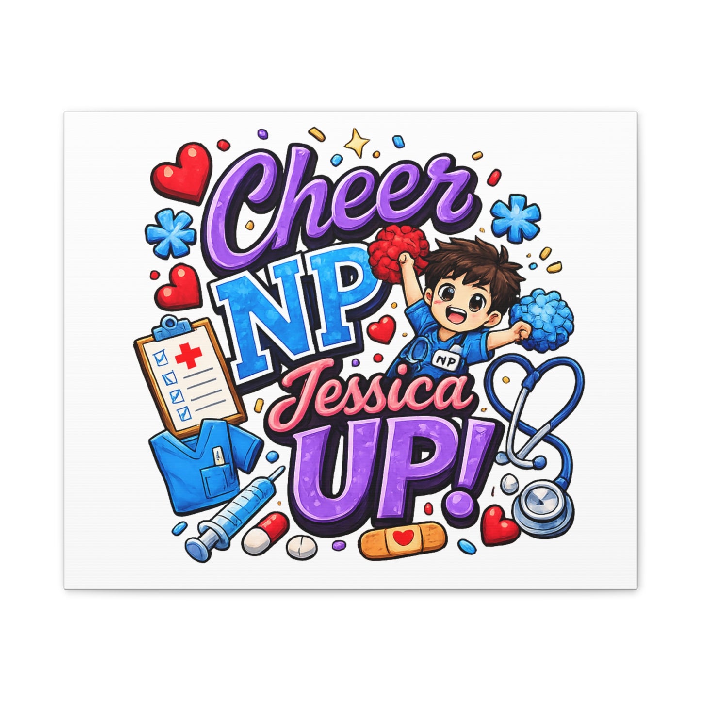 Personalized NP Cheerleader Mascot Canvas Wall Art | Nurse Practitioner Graduation & Appreciation Gift