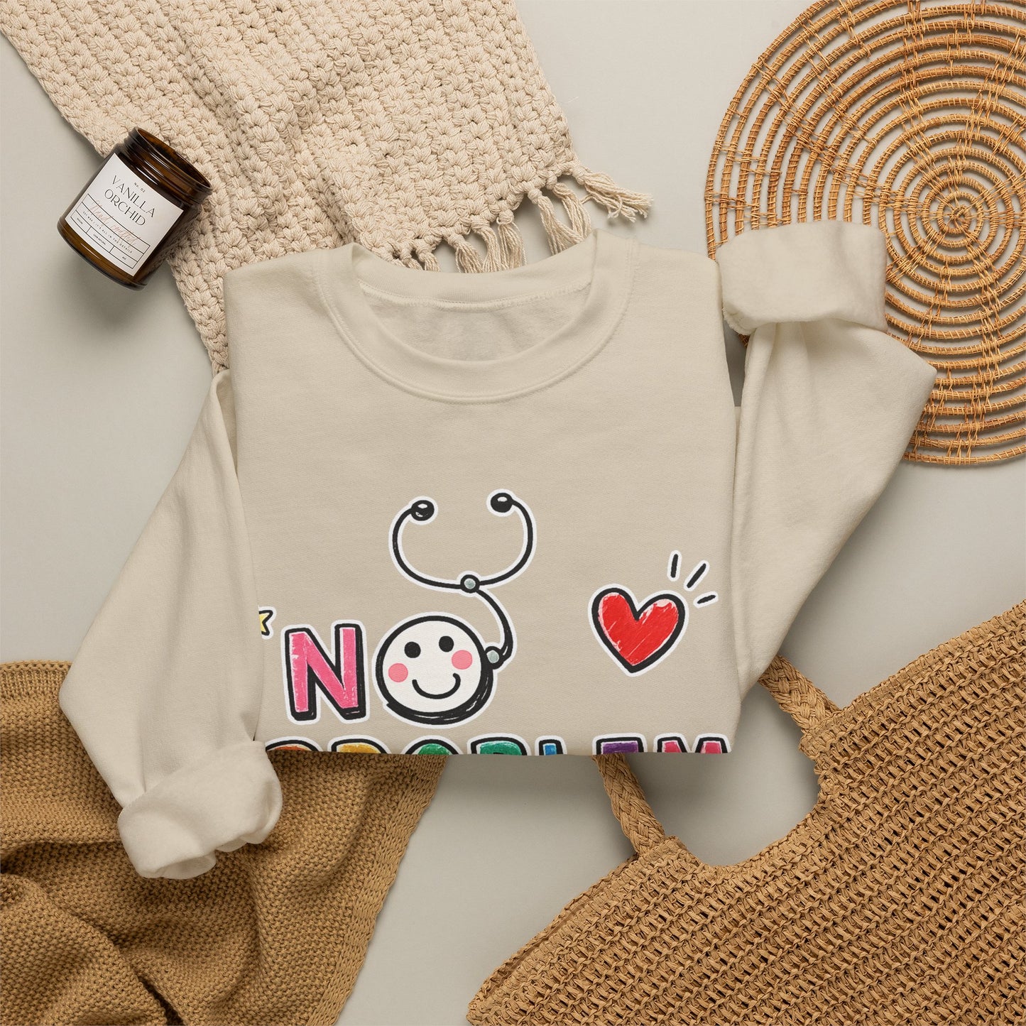 No Problem Crewneck Sweatshirt – Cute Nurse Stethoscope & Heart Graphic