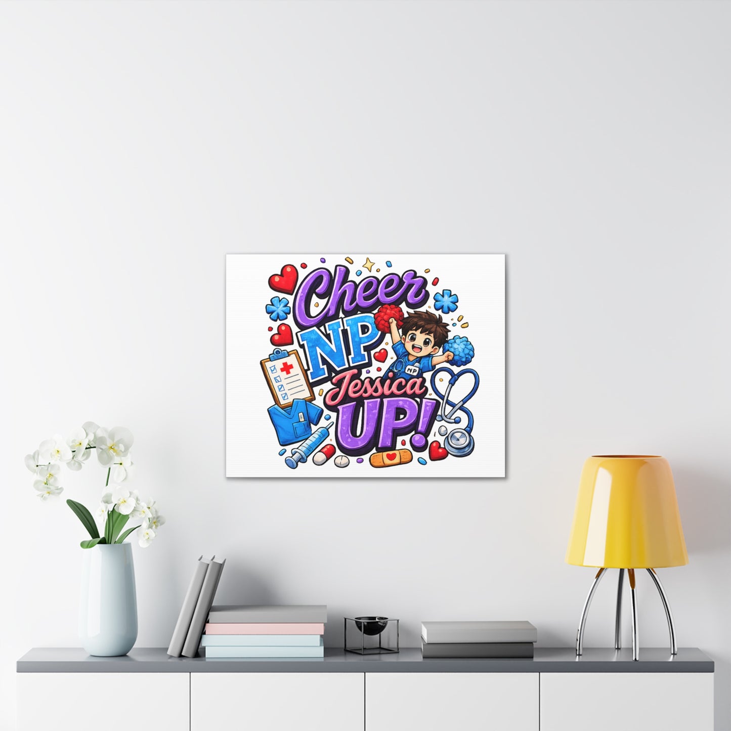 Personalized NP Cheerleader Mascot Canvas Wall Art | Nurse Practitioner Graduation & Appreciation Gift