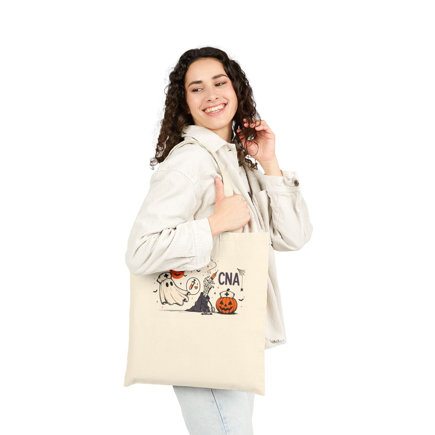 CNA Halloween Nurse Tote Bag - Ghost & Pumpkin Canvas Tote