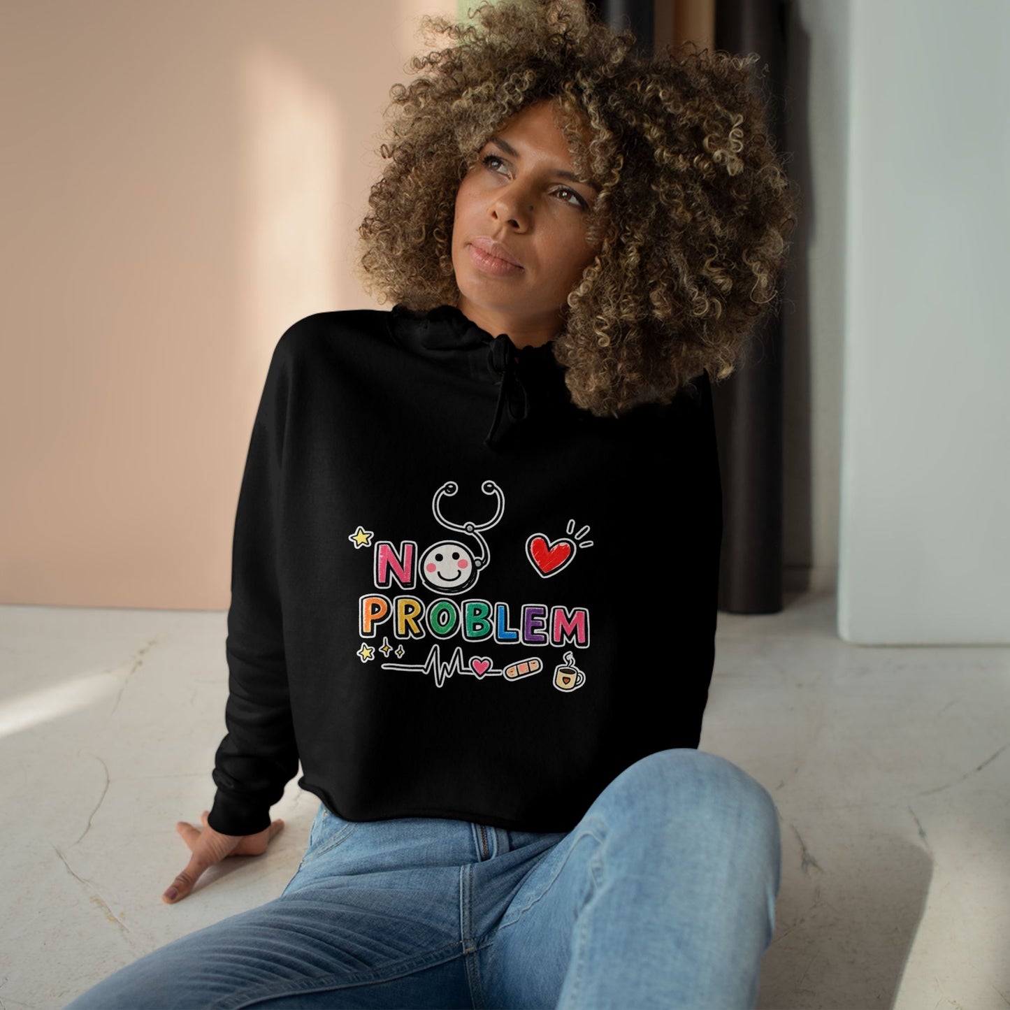 No Problem Crop Hoodie — Cute Nurse/Healthcare Stethoscope Graphic Hoodie