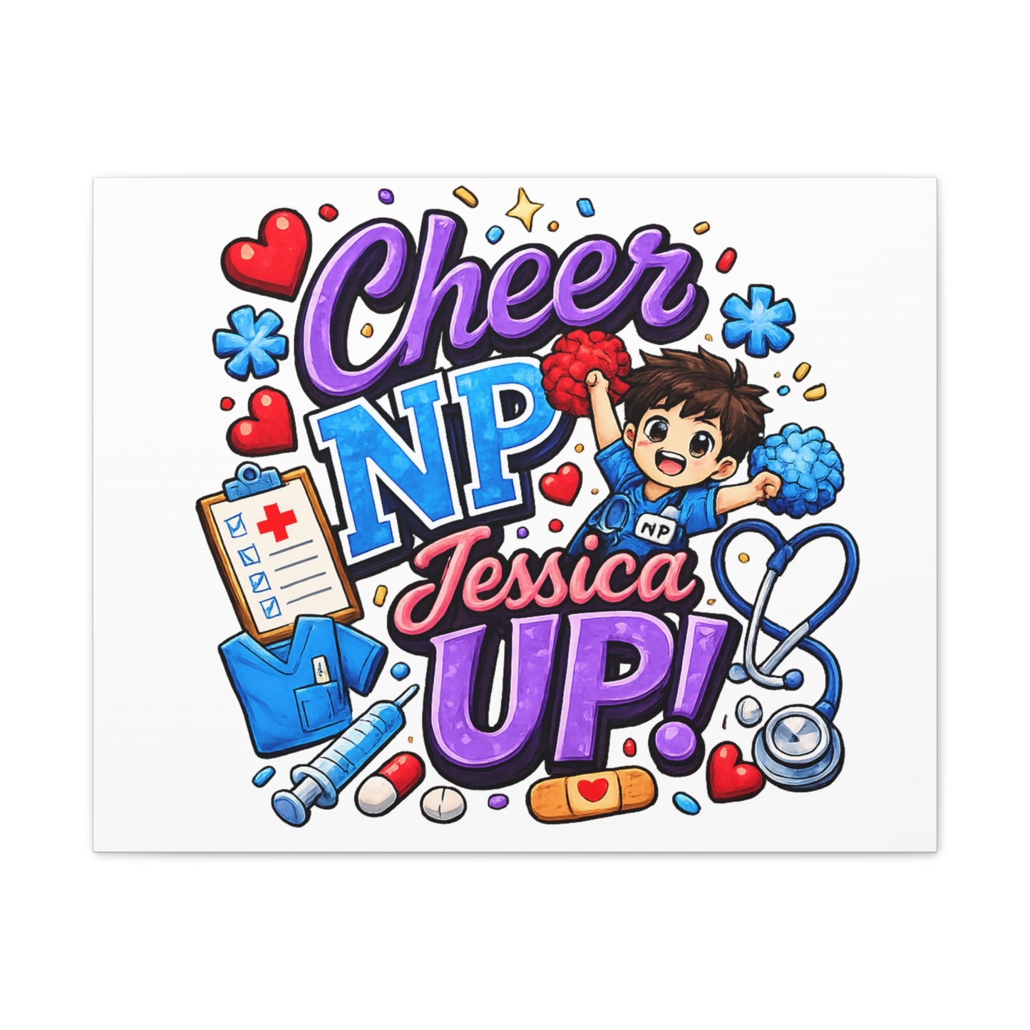 Personalized NP Cheerleader Mascot Canvas Wall Art | Nurse Practitioner Graduation & Appreciation Gift