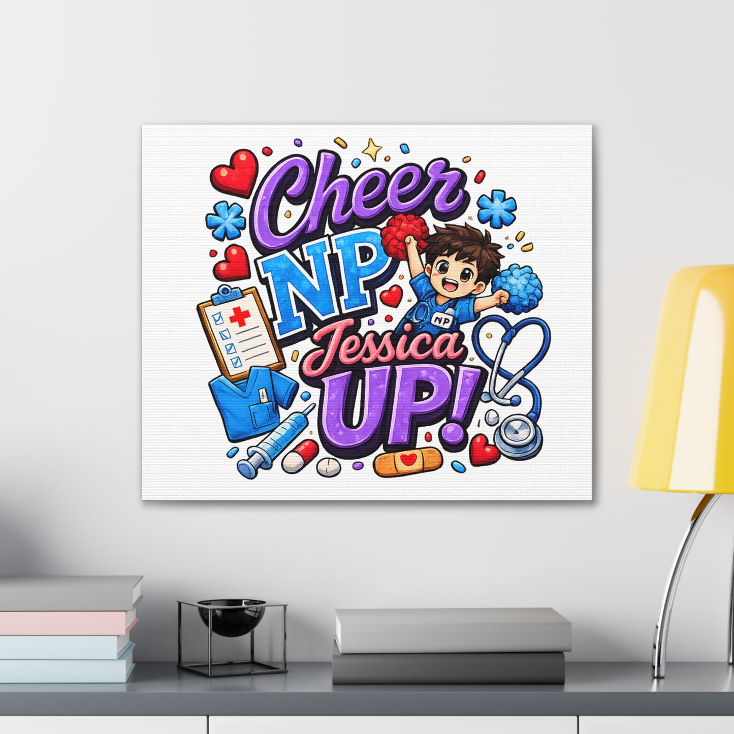 Personalized NP Cheerleader Mascot Canvas Wall Art | Nurse Practitioner Graduation & Appreciation Gift