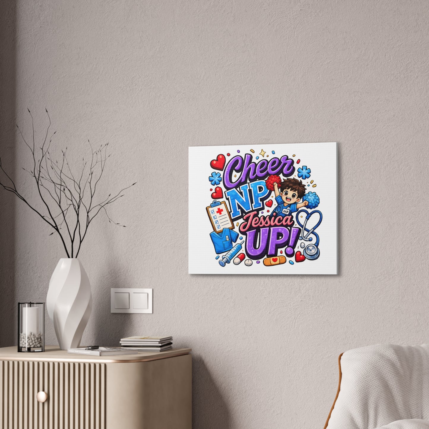 Personalized NP Cheerleader Mascot Canvas Wall Art | Nurse Practitioner Graduation & Appreciation Gift