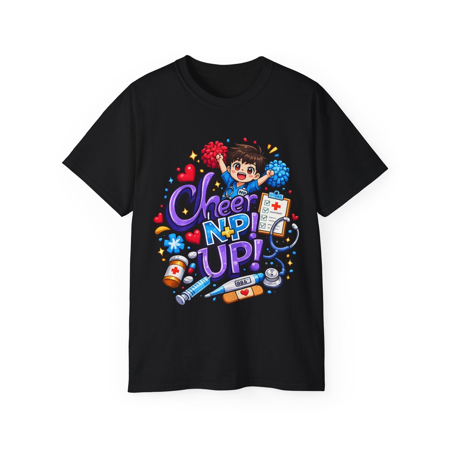 Cheer NP Up – Cute Nurse Cartoon Graphic Tee