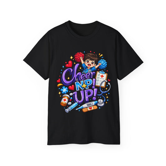 Cheer NP Up – Cute Nurse Cartoon Graphic Tee