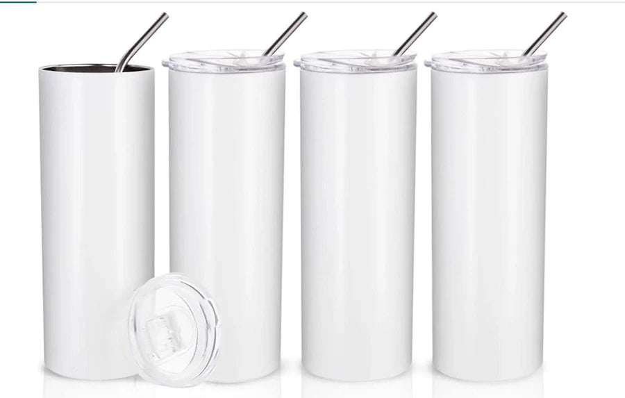(4-Pack) 20 oz Skinny Straight Sublimation Tumblers – Stainless Steel DIY Blanks with Lids & Straws